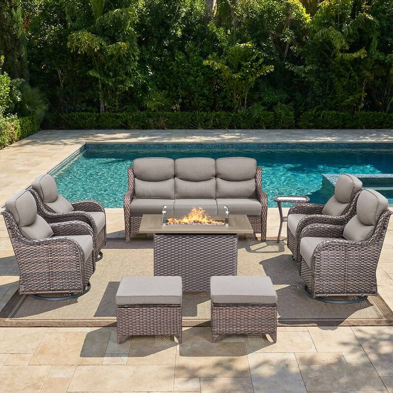 Pocassy Outdoor Fire Pit Sofa Swivel Chairs Conversation Set - Brown Wicker Gray Cushion - 9-Piece Sofa Swivel Chair Ottoman w/ Fie Table
