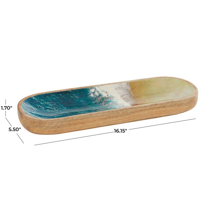 Brown Mango Wood Handmade Ocean Inspired Living Room Decor Tray with Colorful Enameled Interior