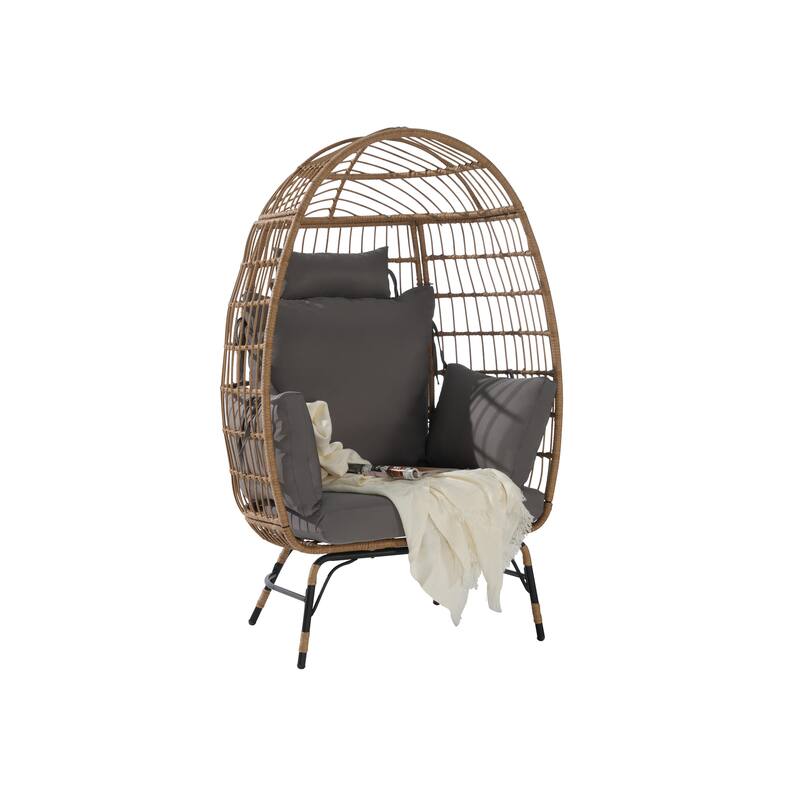 GDFStudio- Serena Oversized Wicker Egg Chair with Cushion and Pillow for Porch, Backyard, or Balcony