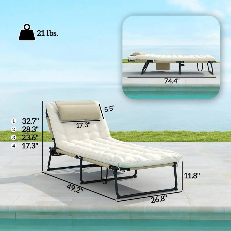 Folding Chaise Lounge Chair,4-Pos Recliner,Cushion,Pocket,Headrest