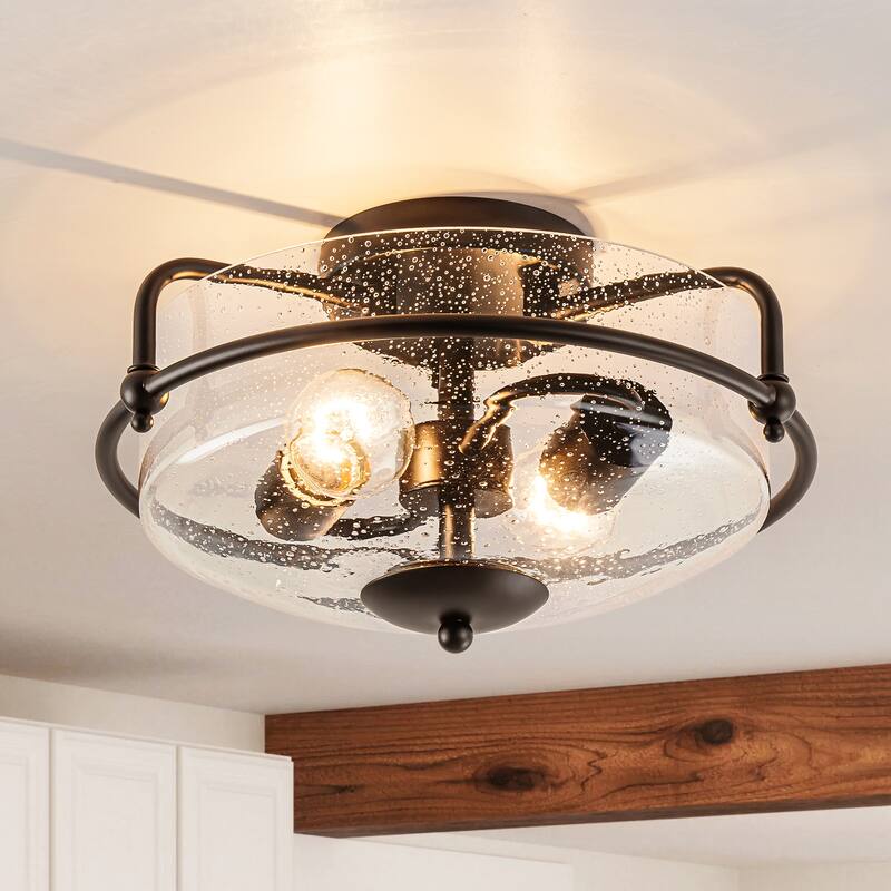 2-Light Modern Transitional Metal & Glass Flush Mount with Clear Bubble Glass Shade for Bedroom - 12.6 in. W x 7.3 in. H