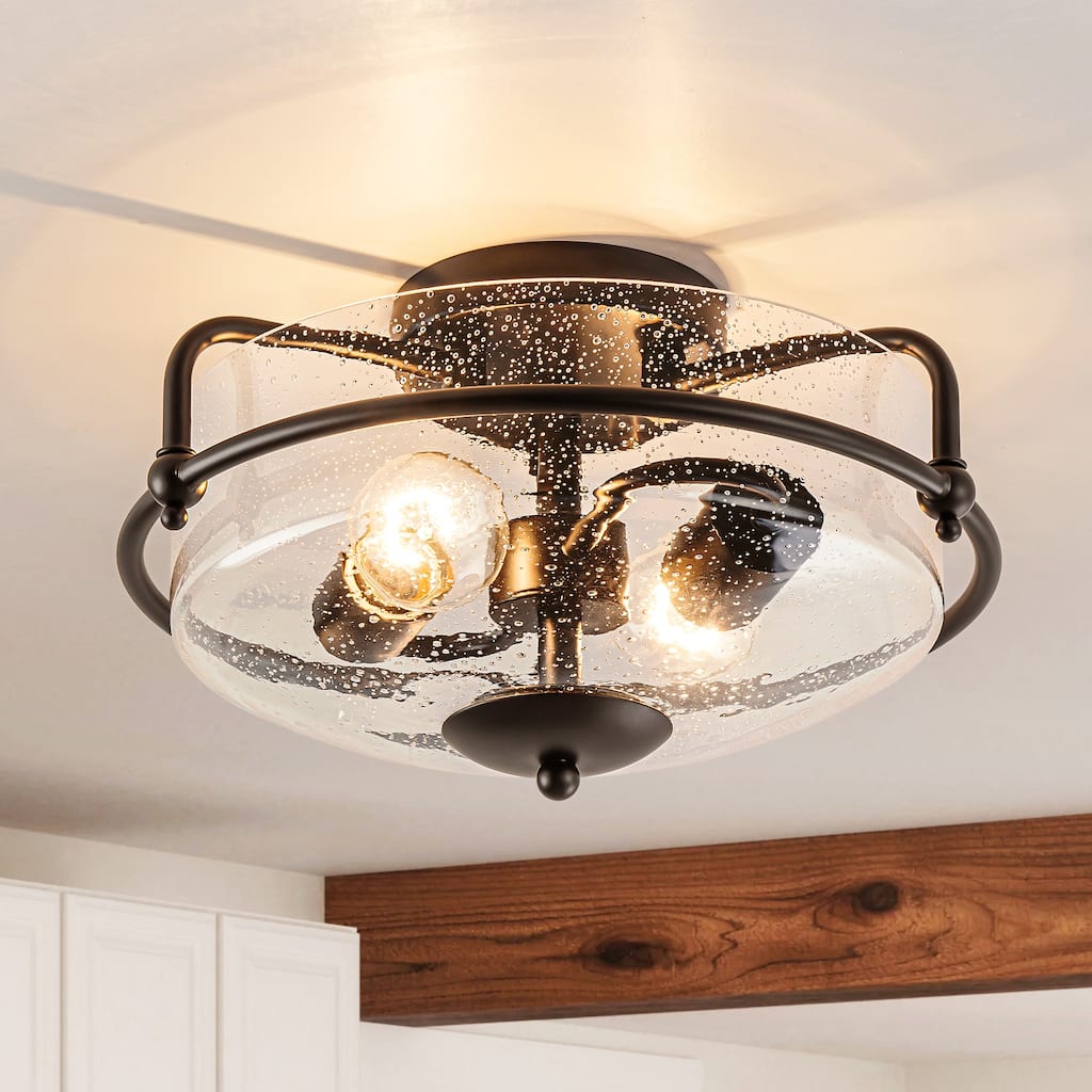 2-Light Modern Transitional Metal & Glass Flush Mount with Clear Bubble Glass Shade for Bedroom - 12.6 in. W x 7.3 in. H