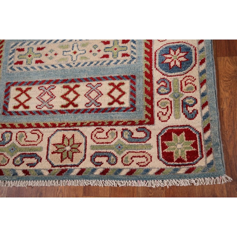 Geometric Blue Kazak Oriental Runner Rug Hand-Knotted Wool Carpet - 3'2" x 16'1"