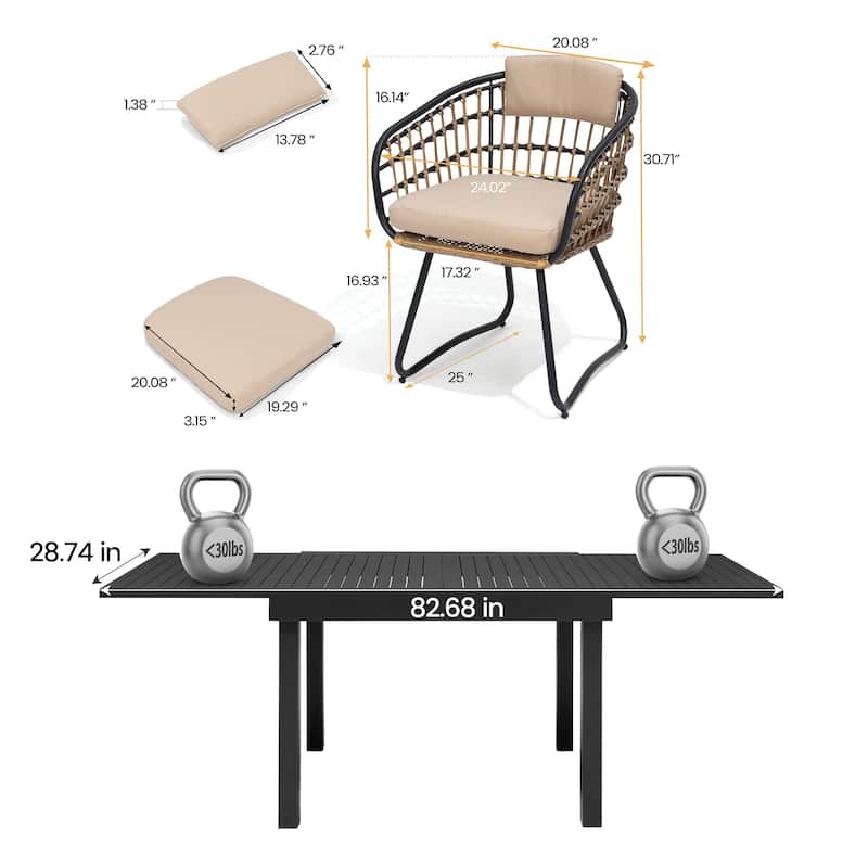 7/9PC Outdoor Aluminum Expandable Patio Dining Sets Extension Table with Rattan Chair
