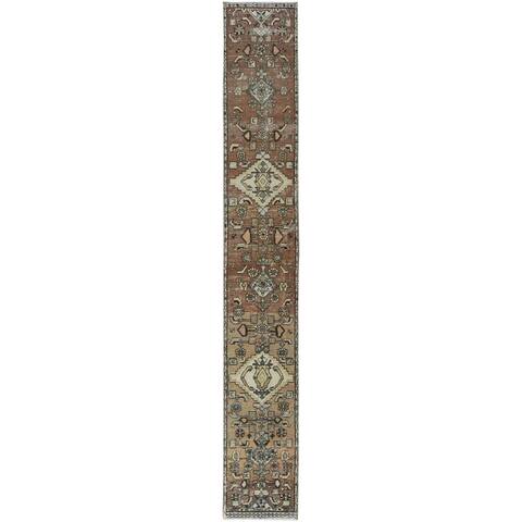 Shahbanu Rugs Walnut Brown Distressed Look Worn Wool Hand Knotted Vintage Persian Karajeh Cropped Thin Runner Rug (1'9"x12'10")
