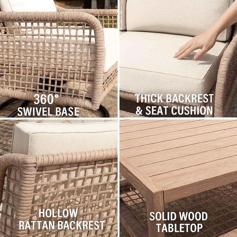 Modern All-Weather PE Wicker 5-Piece Sectional Patio Set with 360° Swivel Chairs