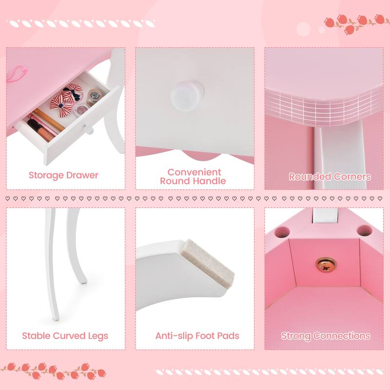 Pink-White Kid's Wooden Vanity Table and Stool Set with 3-Panel Acrylic Mirror - 27"L × 16.5"W × 39.5"H