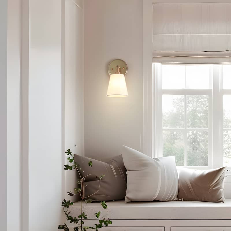 Fabrey Mid-century Modern Glam 1-light Fabric Shade Armed Wall Sconce Bathroom Vanity Light