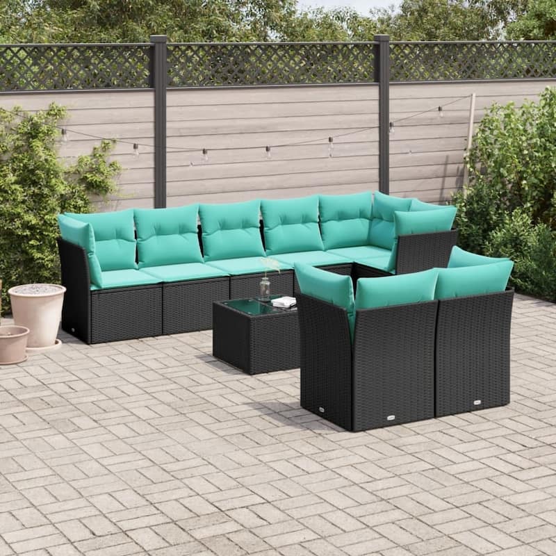 vidaXL 8 Piece Patio Sofa Set with Cushions Black Poly Rattan - 113.8x27.2x48.8-With table