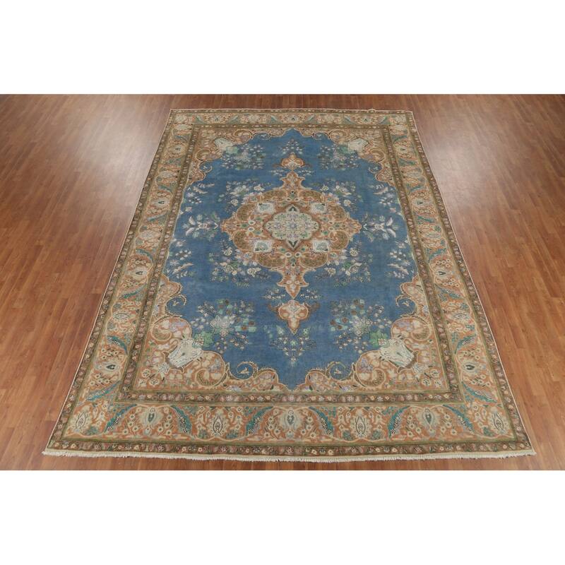 Blue Tabriz Persian Vintage Rug Hand-Knotted Wool Carpet - 9'6"x 12'9"