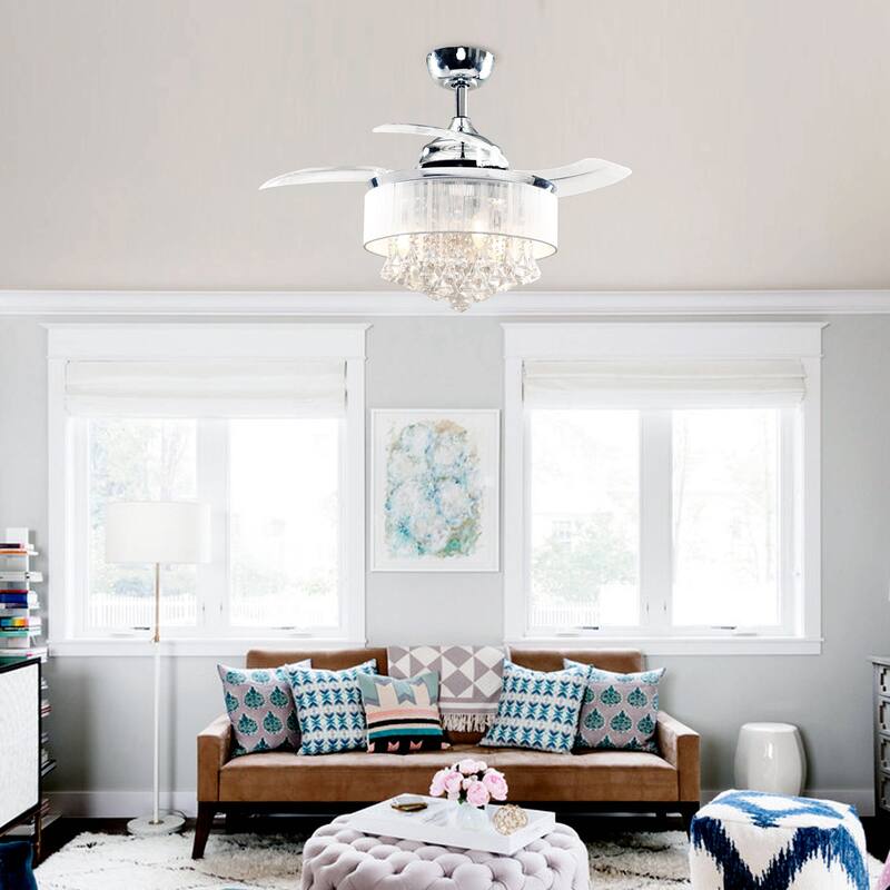 36-in Modern Chrome 3-Blades Crystal Retractable Chandelier Ceiling Fan with Remote and Light Kit - 36 Inches