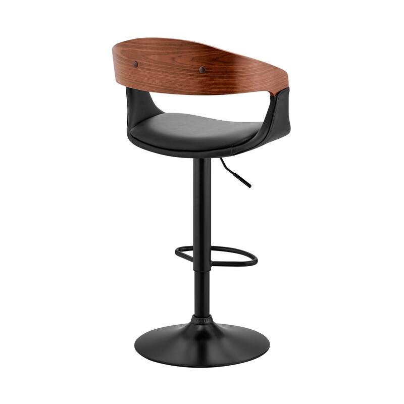 Adjustable Swivel Bar Stool with Grey Faux Leather Seat and Wooden Base, Contemporary Kitchen Counter Height Stool