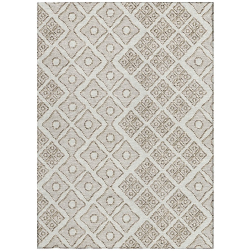 Ivory And Beige Geometric Washable Indoor Outdoor Area Rug - 5' X 8'