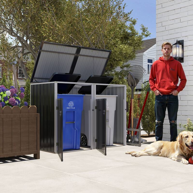 Garbage Bin Shed Stores 2 Trash Cans Metal Outdoor Bin Shed for Garbage Storage, 54 cubic feet of space