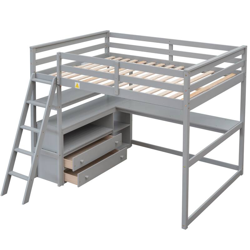 Full Size Loft Bed with Built-in Desk, Shelves & Drawers in Gray