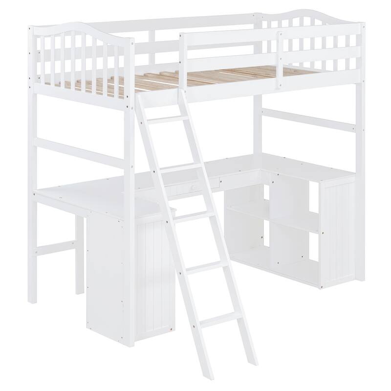 Roomfitters Twin Size Wooden Loft Bed with Desk, Cabinet, Shelves and Storage Drawers, White