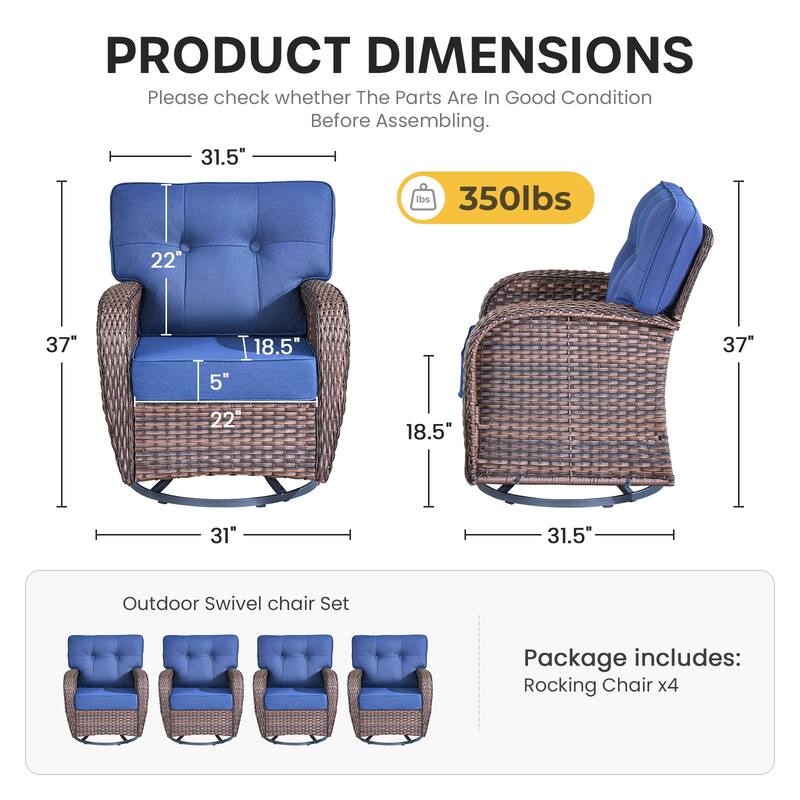 Gymojoy 4-Piece Outdoor Wicker Swivel Chair Set, 5" Thick Wide Cushions, Patio Lounge Chairs