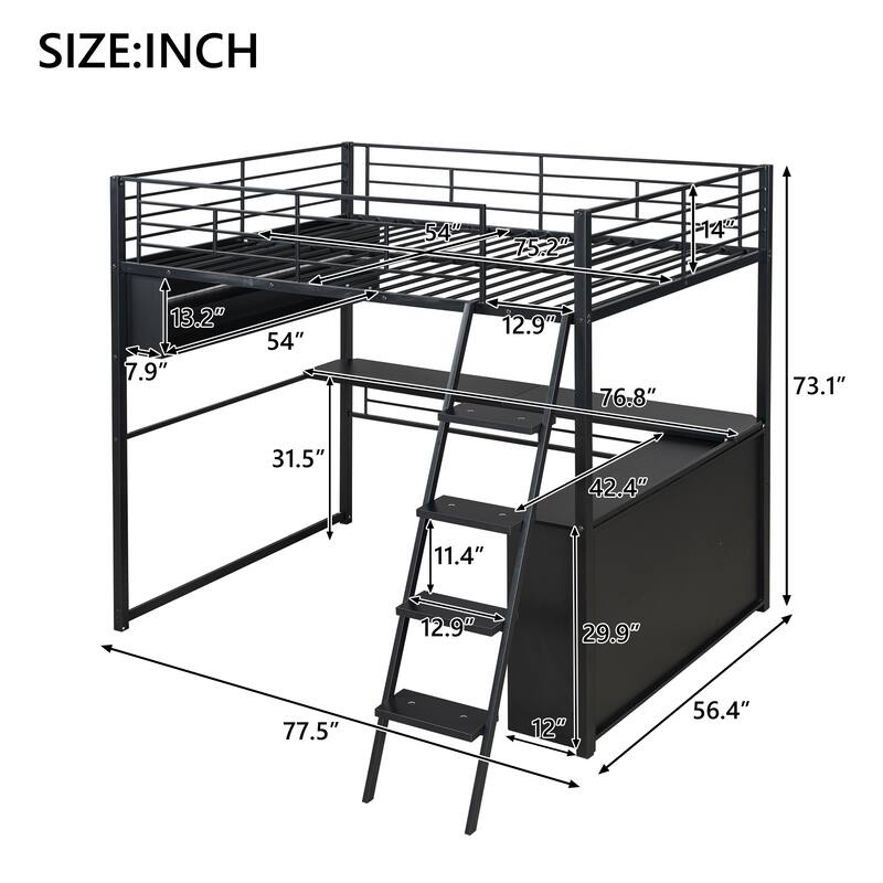 Full Size Loft Bed with Desk, LED Shelves, and Storage - Metal Frame with Guardrails and Ladder, Space-Saving Design for Teens