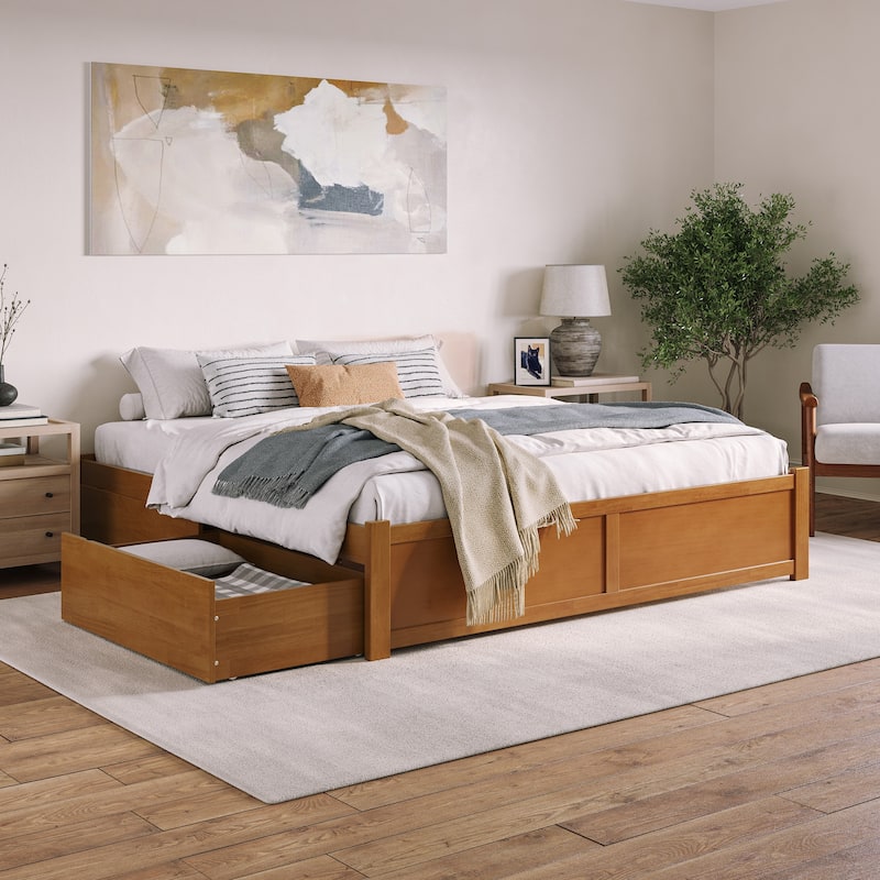 Concord Platform Bed with Footboard and Storage Drawers - Light Toffee - King