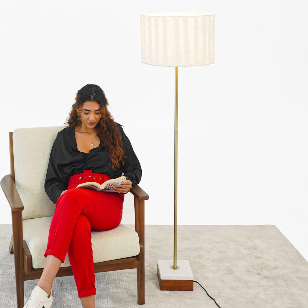 Ellen Floor Lamp with Woven Shade and Marble-Wood Base - Gold