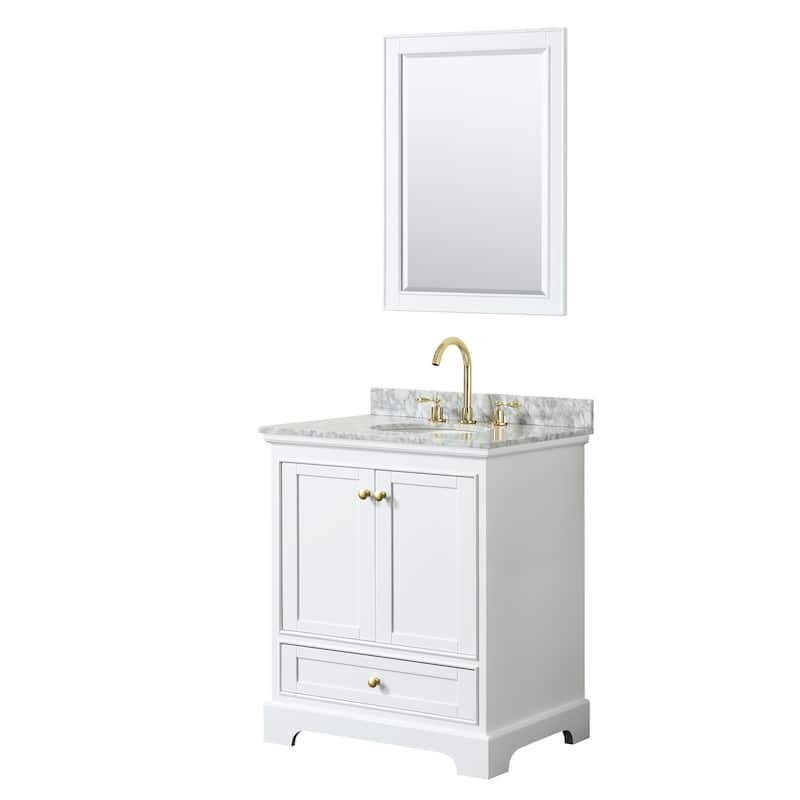 Deborah 30-inch Single Vanity, Oval Sink, 24-inch Mirror - White, Gold Trim, White Carrara Marble Top