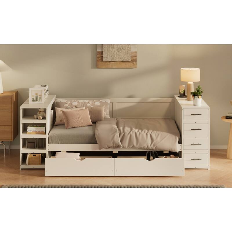 White Wooden Twin Size Daybed with Multi-Functional Desk and Charging Station