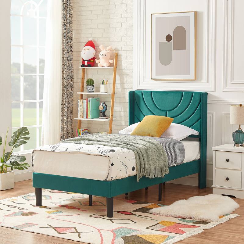 Kids Bed Frame, Height Adjustable Upholstered Bed, Twin Size Bed Set of 2