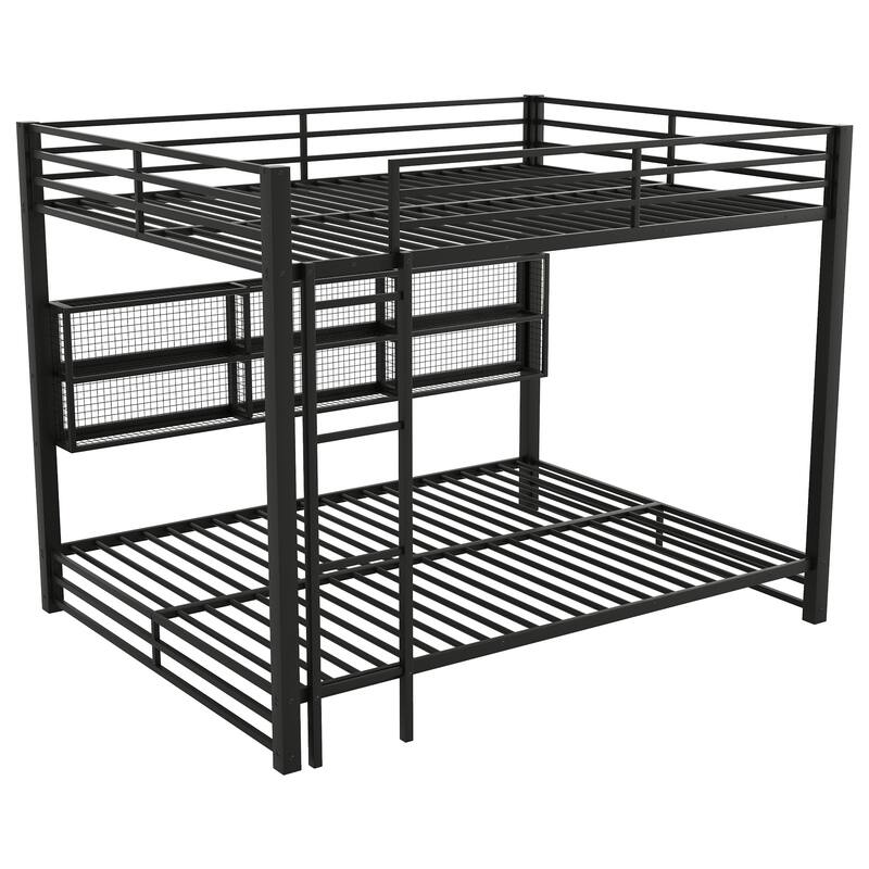 Heavy Duty Metal Queen over Queen Bunk Bed Frame with Storage Shelves, Queen Size LED Bunkbed Frame, Metal Slat Support