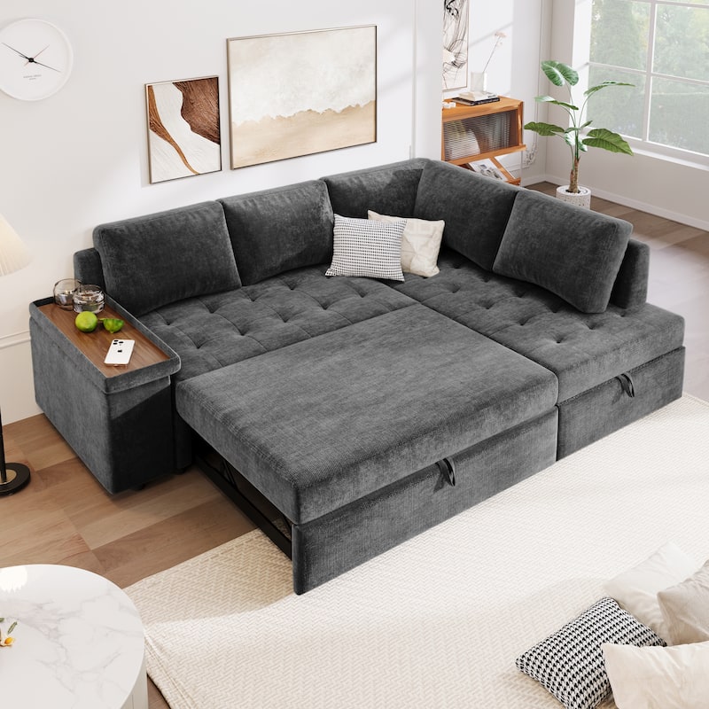 91.5'' L-Shaped 4 Seater Sectional Sofa Couch with Pull-Out Bed, Hidden Storage and Functional Armrests, for Living Room - Grey