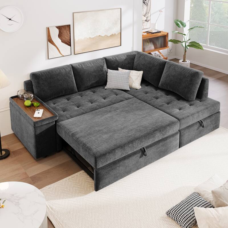 91.5-Inch L-Shaped Sofa Bed with Pull-Out Sleeper and Hidden Storage - Grey