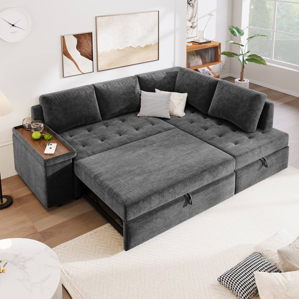 Grey 91.5" L-Shaped 4-Seater Sleeper Sofa with Chaise, Pull-Out Bed, Hidden Storage, and Functional Armrests