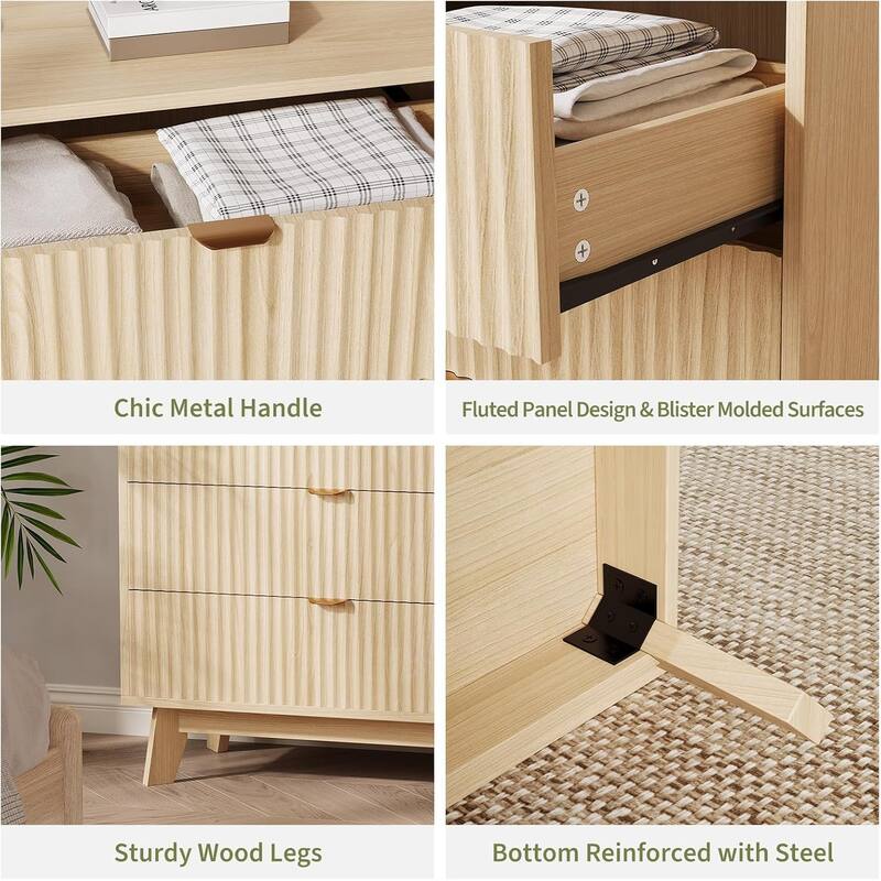 3 Drawer Dresser Set of 2, Mid Century Modern Dresser Drawers, Waveform Fluted Side Table