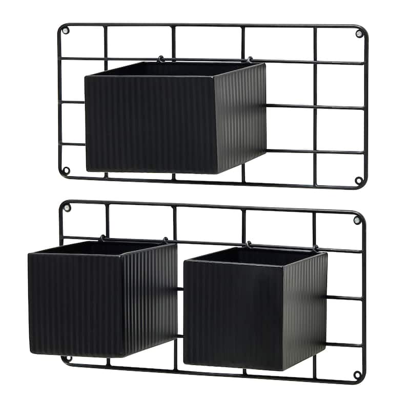 Glitzhome 20''L Black Metal Wall Planters with 3 Pots Hanging Plant Holder