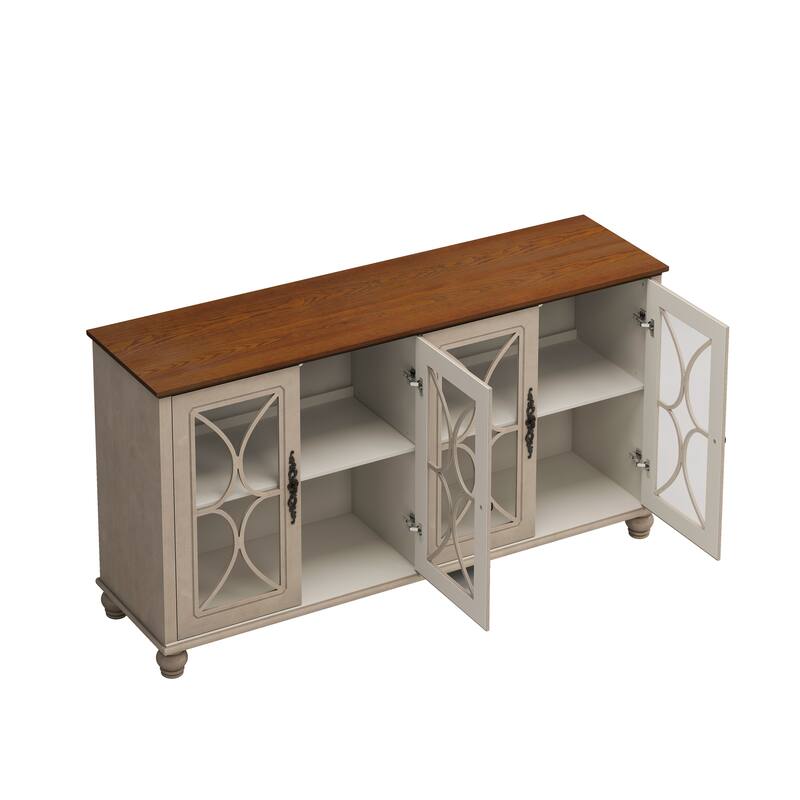 59.45" Antique 4-Door Cabinet with Tempered Glass Doors, Retro Buffets Sideboards, European Hallway Accent Cabinet