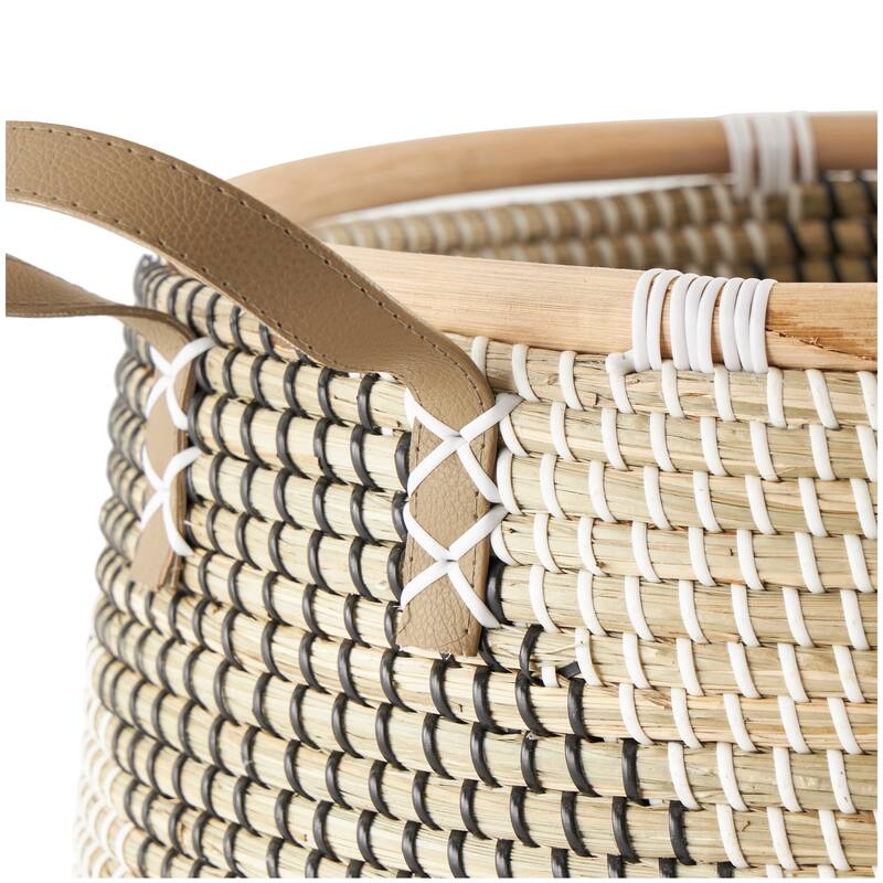 Brown Seagrass Handmade Diagonal Striped Storage Basket with Black and White Plastic Weaving and Leather Handles (Set of 2)