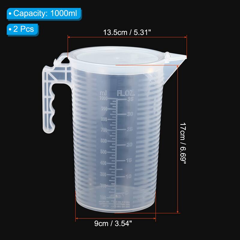 Graduated Beaker, 2 Pack 1000ml PP Plastic Cup Double Sided Black Graduations - Transparent - Transparent