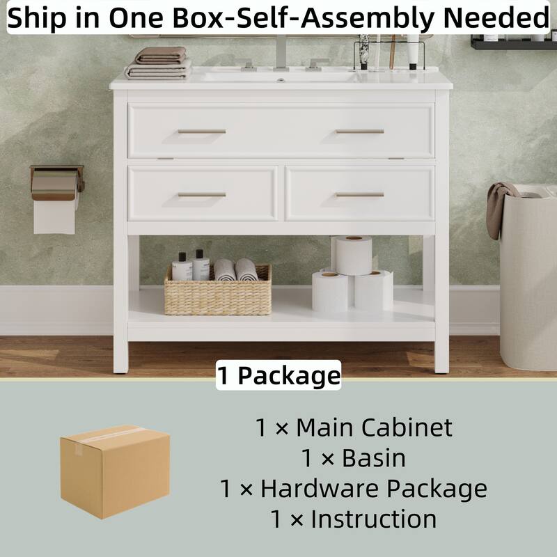 Bathroom Vanity with Sink, Multi-Functional Wood Bathroom Cabinet, Vanities Set with Open Shelf, Tip-Out Tray & 2 Drawers