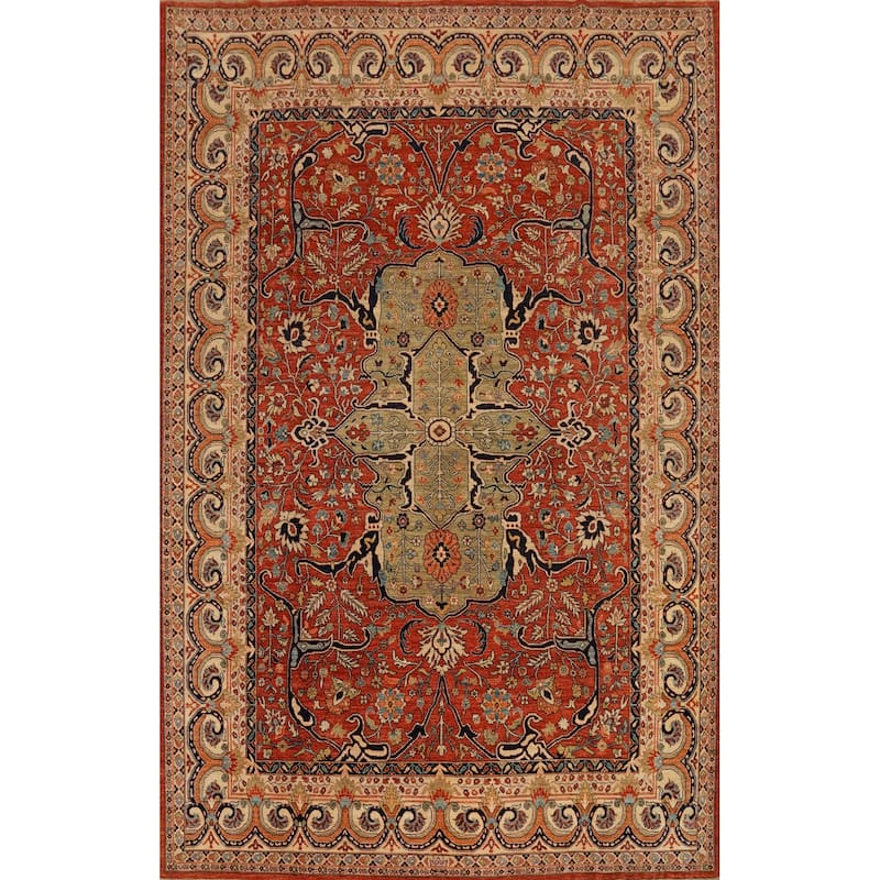 Hand Knotted Traditional Wool Orange Geometric Area Rug - 12' 1'' X 9' 1''