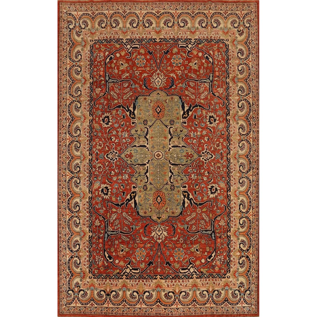 Hand Knotted Traditional Wool Orange Geometric Area Rug - 12' 1'' X 9' 1''