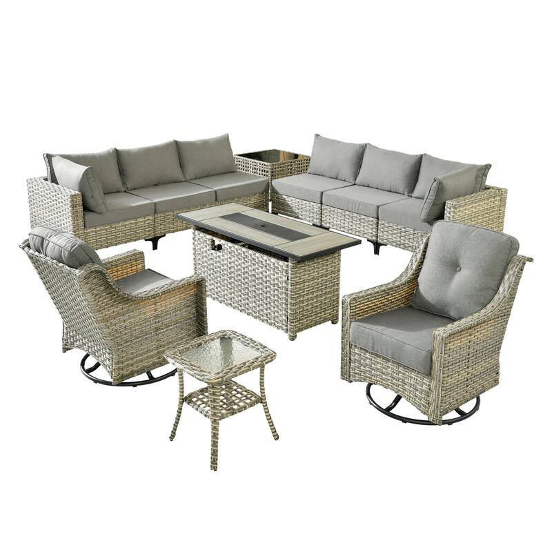OVIOS 11-Piece Outdoor Wicker Swivel Chair Set With Solar-Powered Coffee Table&Fire Pit