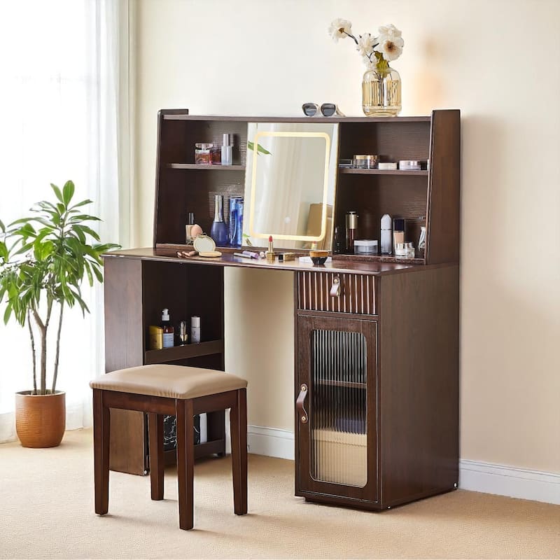 Makeup Vanity Desk with 3-Color LED Mirror, Storage Shelves & Drawer, Fluted Design Dressing Table in Walnut Finish - Walnut