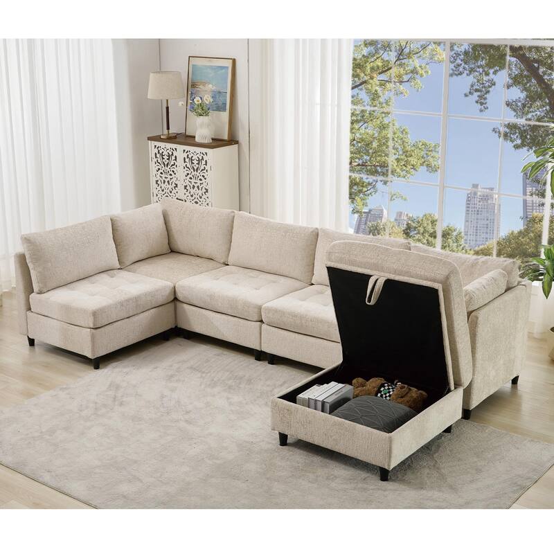 128" Chenille U-Shaped Modular Sectional Sofa with Ottoman