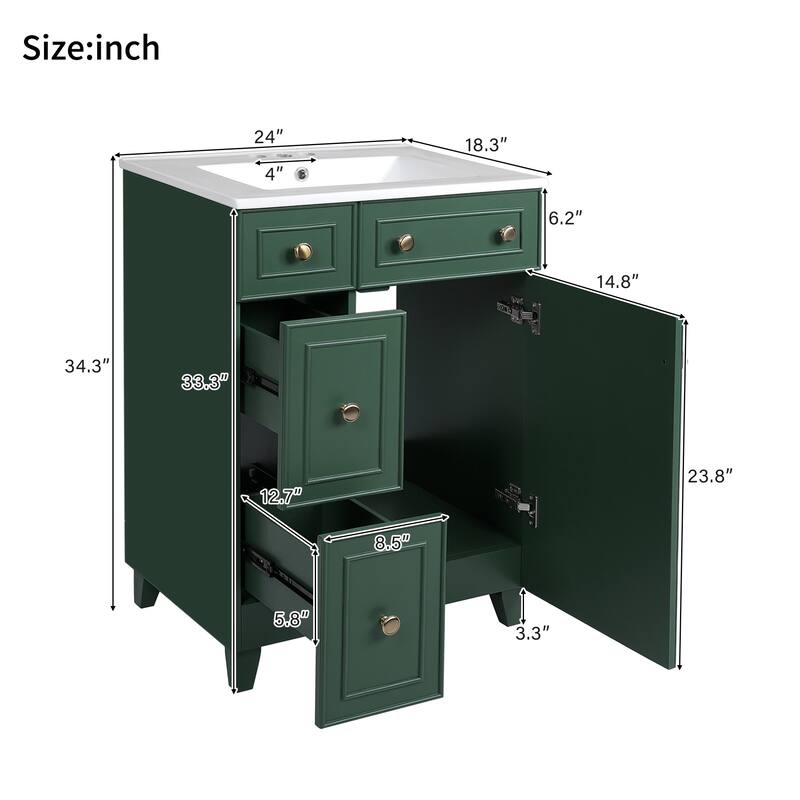 24" Bathroom Vanity Cabinet with Sink, Drawers and Soft-Close Door