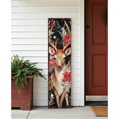 HomeRoots 36" Black Red And Green Christmas Reindeer Solid Wood Porch Sign