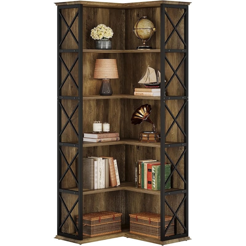 71 Inch Tall Corner Shelf, 5-Tier Industrial Corner Bookshelf, Wood and Metal L-Shaped Bookcase with Baffle