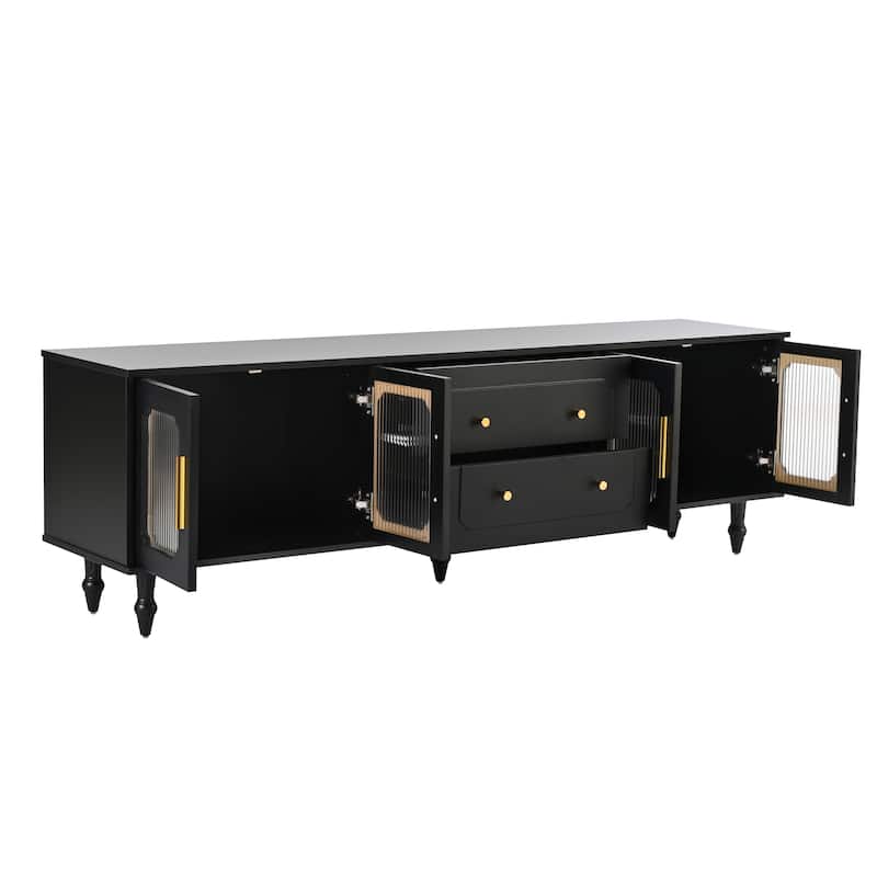 Black 69.6" TV Stand with Fluted Glass Doors, 2 Drawers and Cabinets for TVs Up to 78"