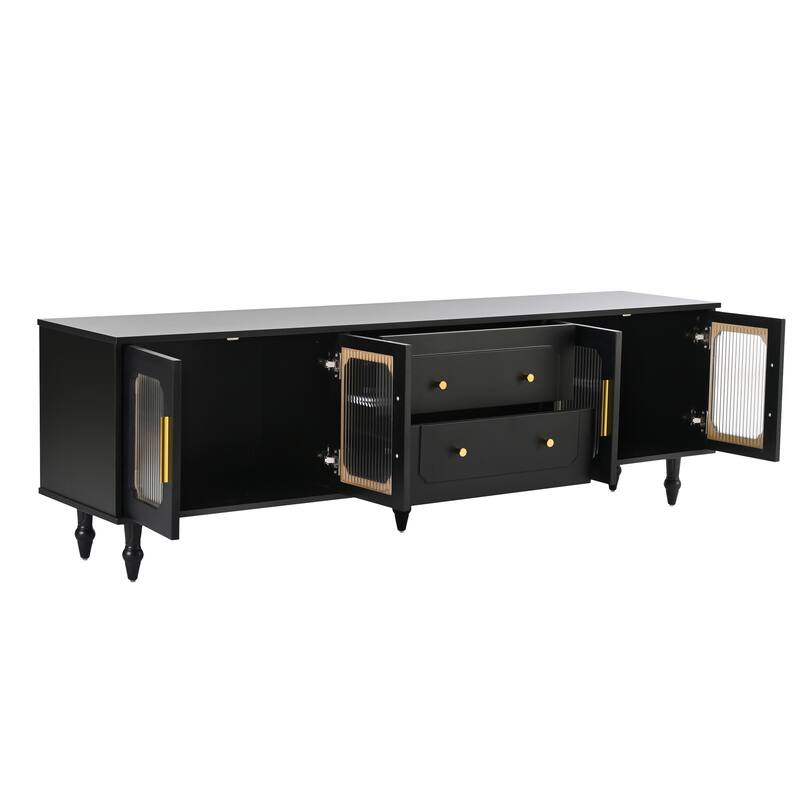 Retro Design TV Stand, for TVs Up to 78'' with Arch Fluted Glass Doors 2 Drawers and Cabinets, for Living Rooms, Black