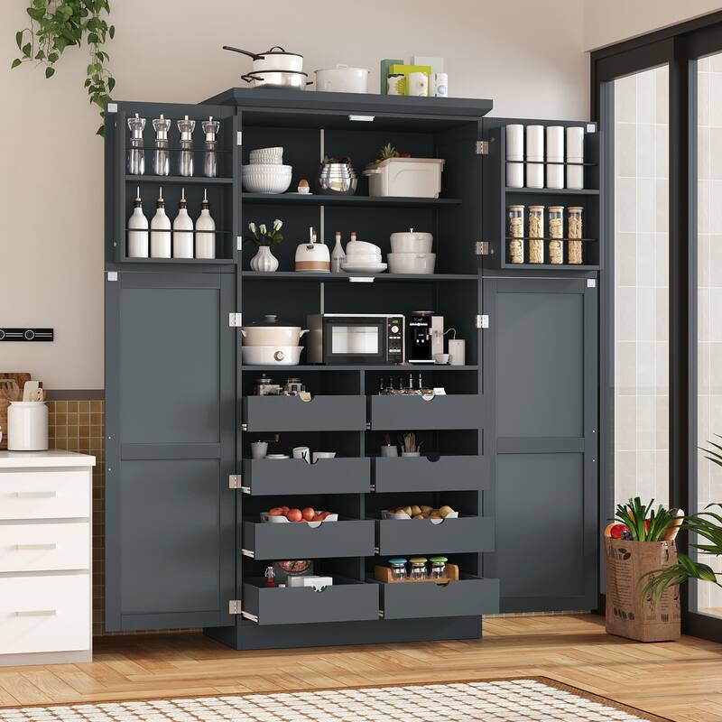 70.9 inch Freestanding Kitchen Cabinet, Tall Storage Cabinet with 4 Doors, 2 Door Shelves, 8 Pull-out Trays and Adjustable Shelf - Gray