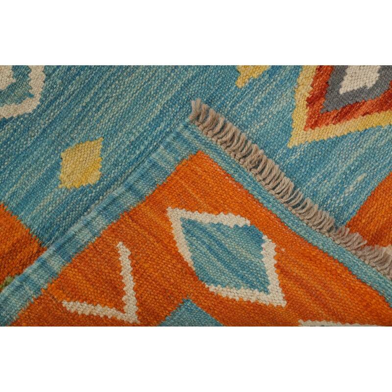 Hand Woven Oriental 100% Wool Carpet Southwestern Tribal Navy Blue & Blues Kilim Runner Rug - 9' 11'' X 2' 10''