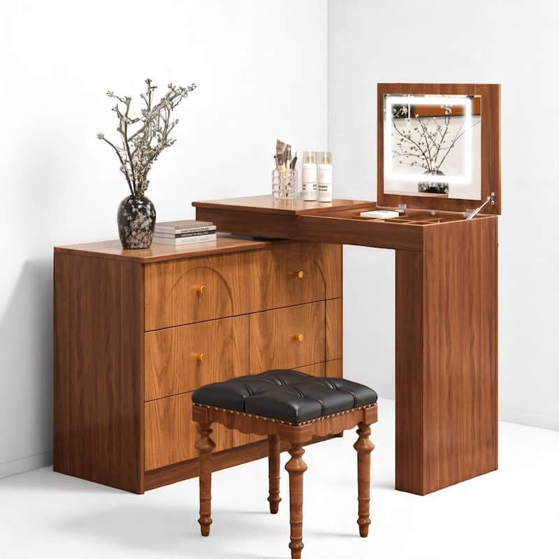Makeup Vanity Table with Mirror and Lights, 3-Mode LED, 7 Storage Drawers and Adjustable Flip-Top for Bedroom Use